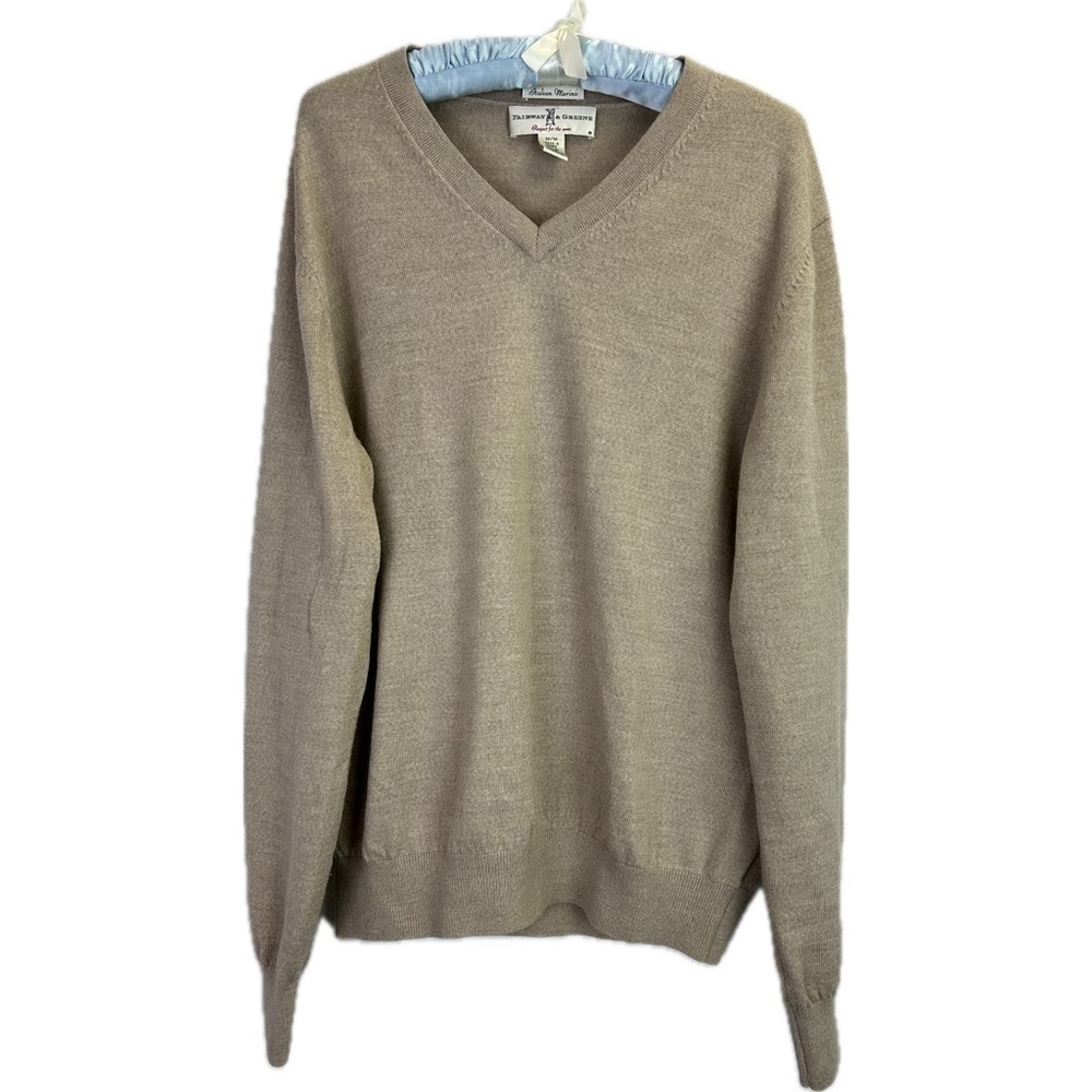 Fairway & Greene Italian Merino Wool Men’s V-Neck Beige Long Sleeve Golf…